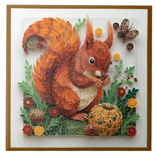 Cottage Core Quilling Red Squirrel in Autumn Tile