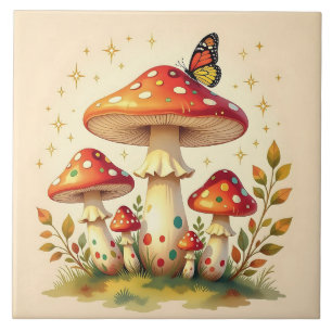 Cottage Core Vintage Mushrooms and Butterfly Tile