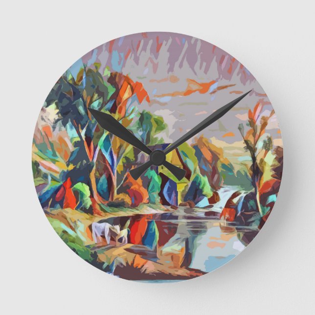 Cottage Cows Pond Landscape Abstract Art  Round Clock (Front)