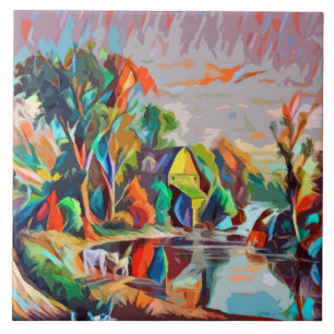 Cottage Cows Pond Landscape Abstract Art Tile