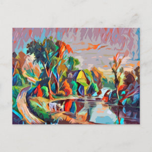Cottage Cows Pond Landscape Abstract colourful Art Postcard