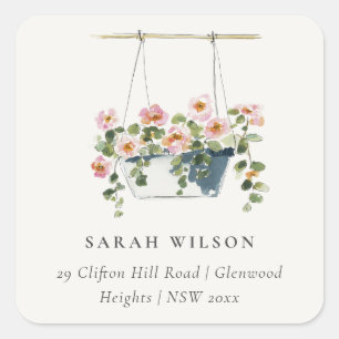 Cottage Floral Hanging Basket Moved Address Square Sticker