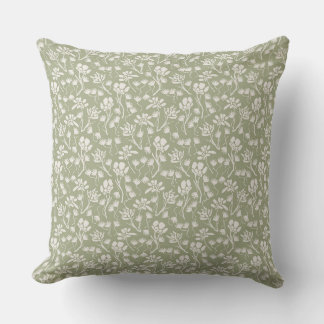Cottage Flowers Sage Green Throw Pillow