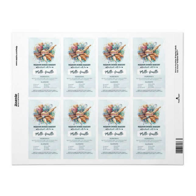 Cottage Food Law Bakery Pastry Ingredient Allergen (Full Sheet)