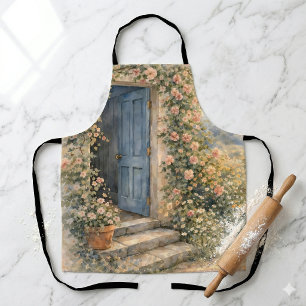 Cottage Garden Blue Door Floral Path Scene Apron