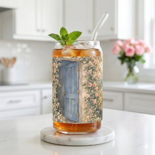 Cottage Garden Blue Door Floral Path Scene Can Glass