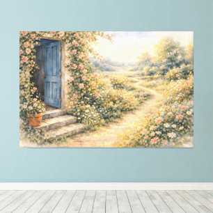 Cottage Garden Blue Door Floral Path Scene Canvas Print