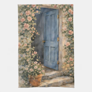 Cottage Garden Blue Door Floral Path Scene Kitchen Towel