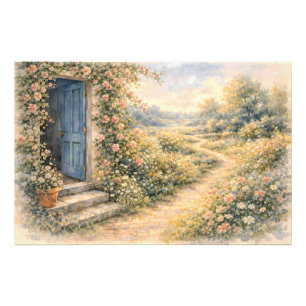 Cottage Garden Blue Door Floral Path Scene Photo Print
