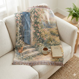 Cottage Garden Blue Door Floral Path Scene Throw Blanket