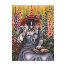Cottage Garden Cat Reading Book Fantasy Art Card