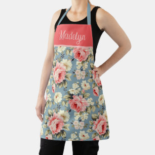 Cottage Garden Flowers Coral Red Monogram Name Apron