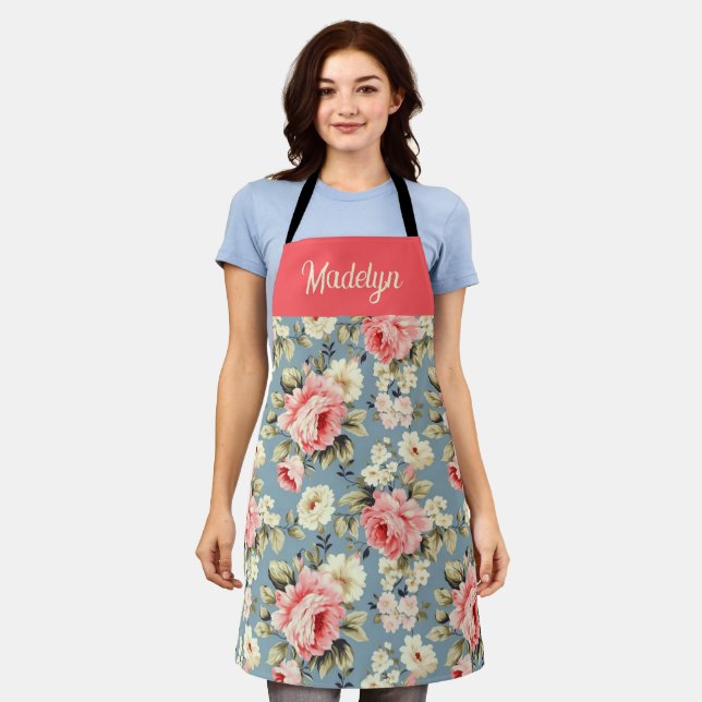 Cottage Garden Flowers Monogram Name Apron (Worn)