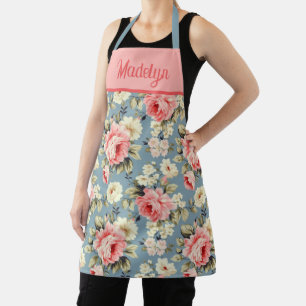 Cottage Garden Flowers Pink Blush Monogram Name Apron