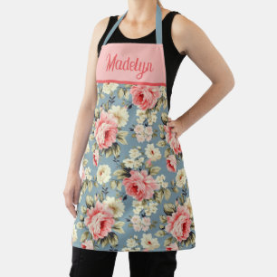 Cottage Garden Flowers Pink Monogram Name Apron