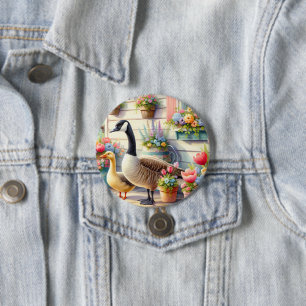 Cottage Garden Geese Spring Illustration 3 Inch Round Button