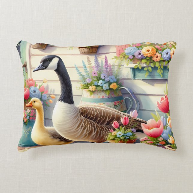 Cottage Garden Geese Spring Illustration Accent Pillow (Front)