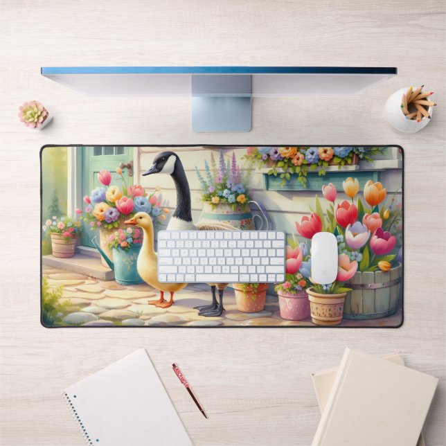 Cottage Garden Geese Spring Illustration Desk Mat (Office 1)