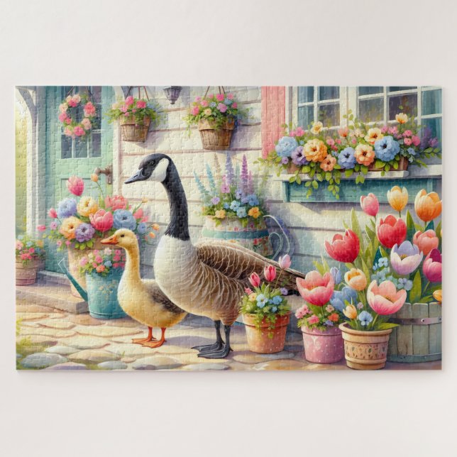 Cottage Garden Geese Spring Illustration Jigsaw Puzzle (Horizontal)
