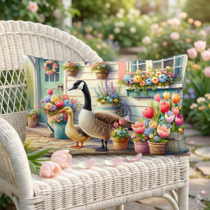 Cottage Garden Geese Spring Illustration Lumbar Pillow