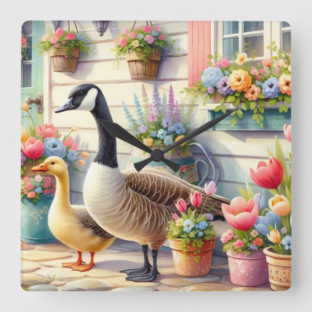 Cottage Garden Geese Spring Illustration Square Wall Clock (Front)