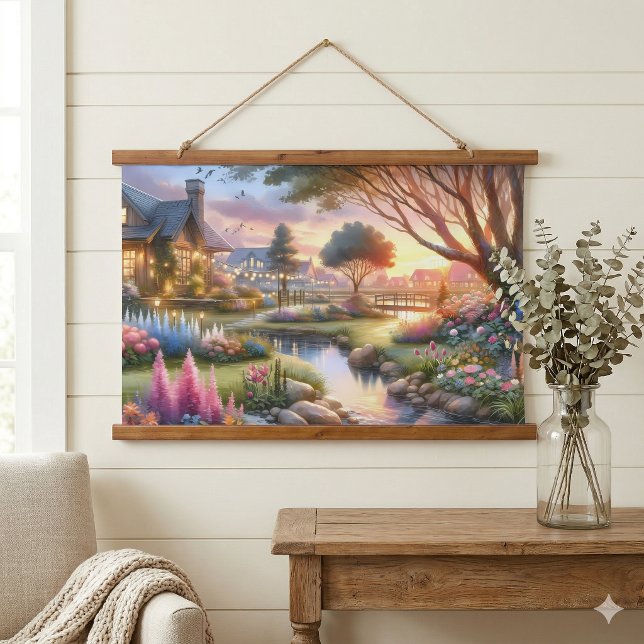 Cottage Garden Stream at Sunset Hanging Tapestry (Cottage Garden Stream at Sunset Hanging Tapestry)