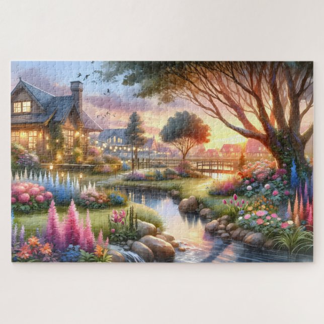 Cottage Garden Stream at Sunset Jigsaw Puzzle (Horizontal)