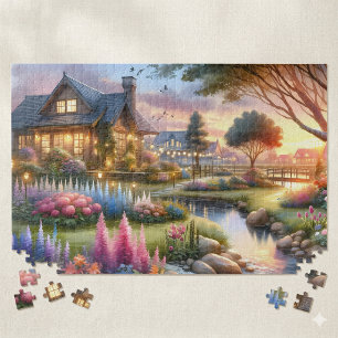 Cottage Garden Stream at Sunset Jigsaw Puzzle