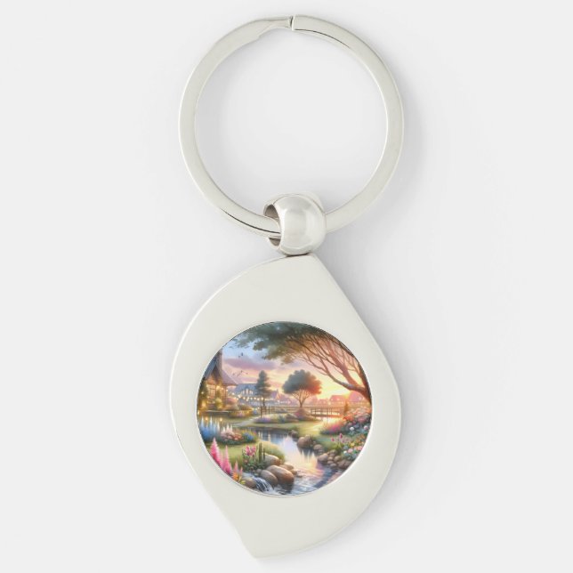 Cottage Garden Stream at Sunset Keychain (Front)