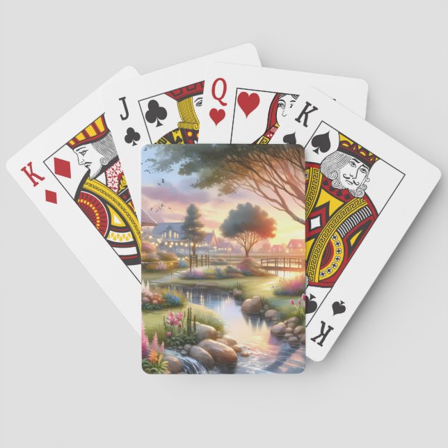 Cottage Garden Stream at Sunset Playing Cards (Back)