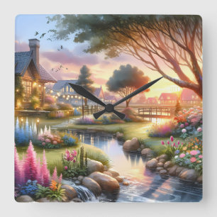 Cottage Garden Stream at Sunset Square Wall Clock