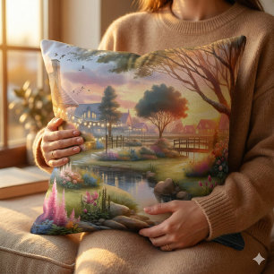 Cottage Garden Stream at Sunset Throw Pillow