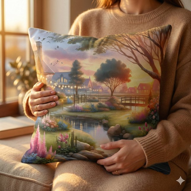 Cottage Garden Stream at Sunset Throw Pillow (Cottage Garden Stream at Sunset Throw Pillow Mockup D)