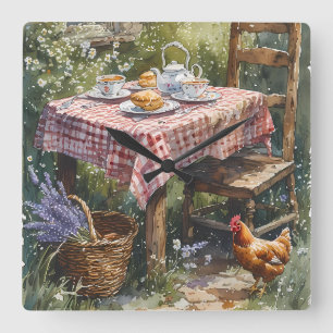 Cottage Garden Tea Morning Watercolor Square Wall Clock