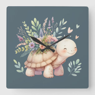 Cottage Garden Turtle Watercolor Square Wall Clock