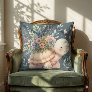 Cottage Garden Turtle Watercolor Throw Pillow