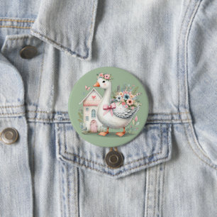 Cottage Goose Floral House Scene 3 Inch Round Button