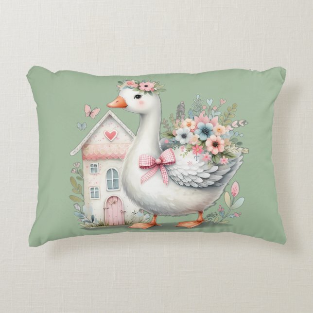 Cottage Goose Floral House Scene Accent Pillow (Front)