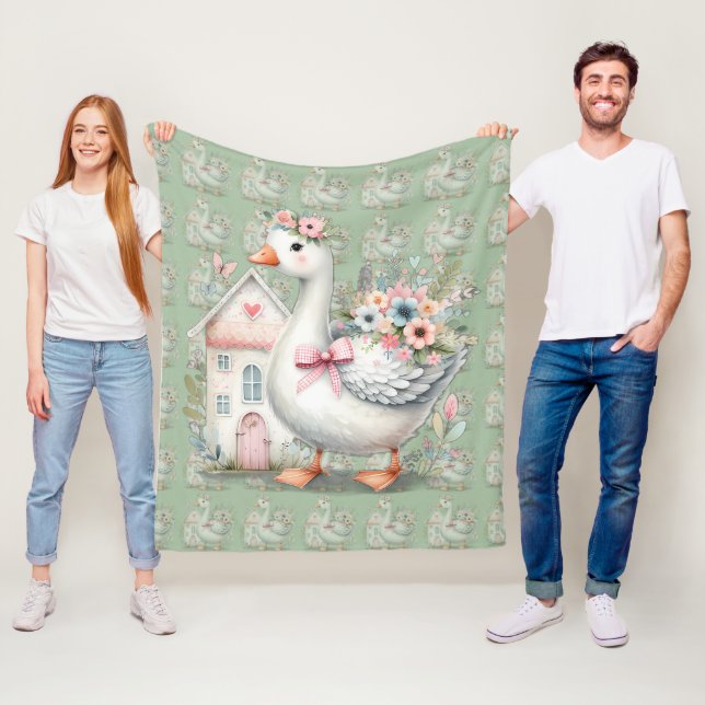 Cottage Goose Floral House Scene Fleece Blanket (In Situ)