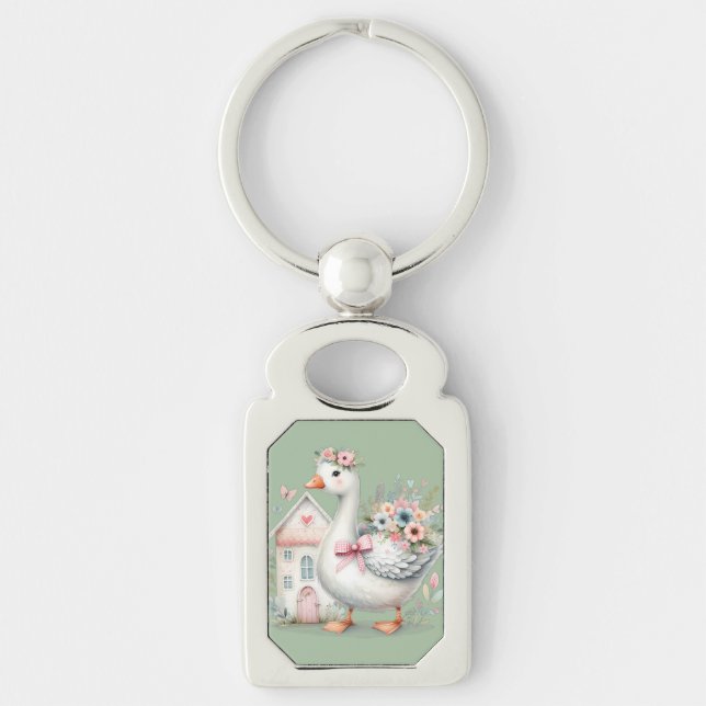 Cottage Goose Floral House Scene Keychain (Front)