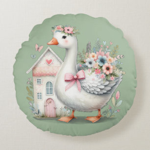 Cottage Goose Floral House Scene Round Pillow