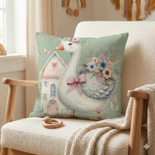 Cottage Goose Floral House Scene Throw Pillow