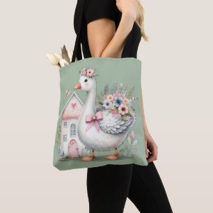 Cottage Goose Floral House Scene Tote Bag