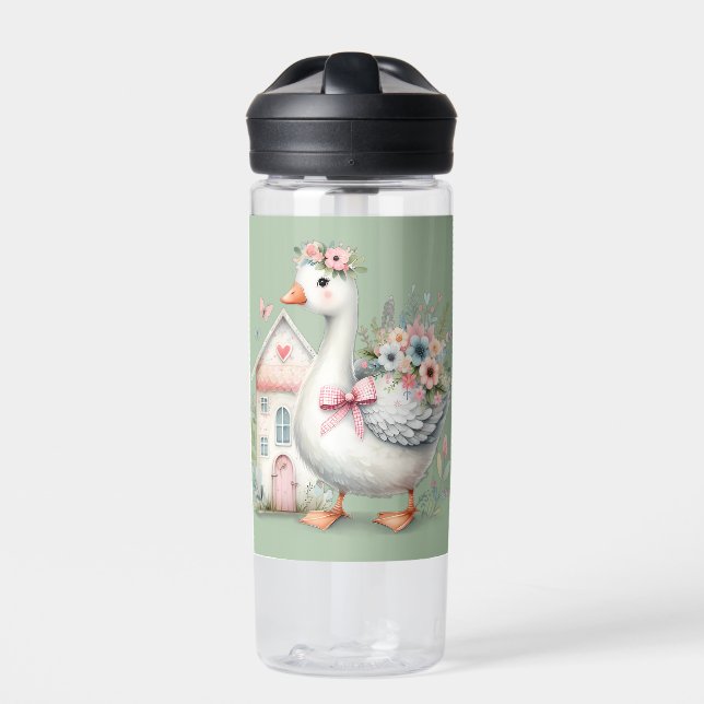 Cottage Goose Floral House Scene Water Bottle (Front)