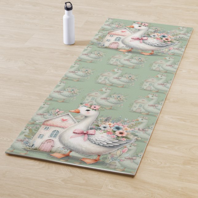 Cottage Goose Floral House Scene Yoga Mat (In Situ)