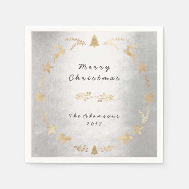 Cottage Grey Silver Glam Gold Christmas Napkin (Front)