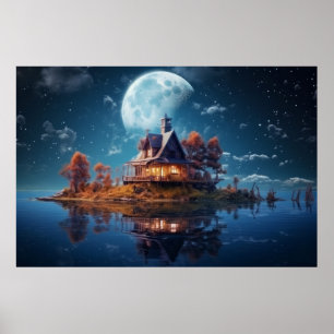Cottage House On Lake Serene Landscape Poster