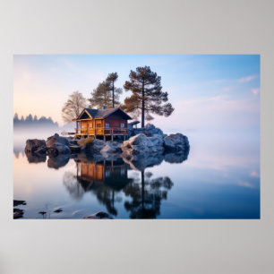 Cottage House On Lake Serene Landscape  Poster