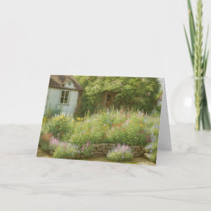 Cottage Jardin Fleur Scène Art Note Carte