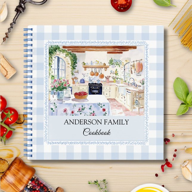 Cottage Kitchen Soft Blue Gingham Family Recipe Notebook (In situ)